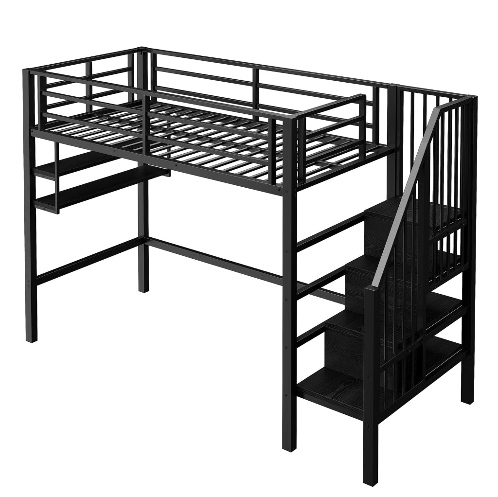 Letto a soppalco 90x200 cm con scaffali e scala contenitore in metallo e MDF nero