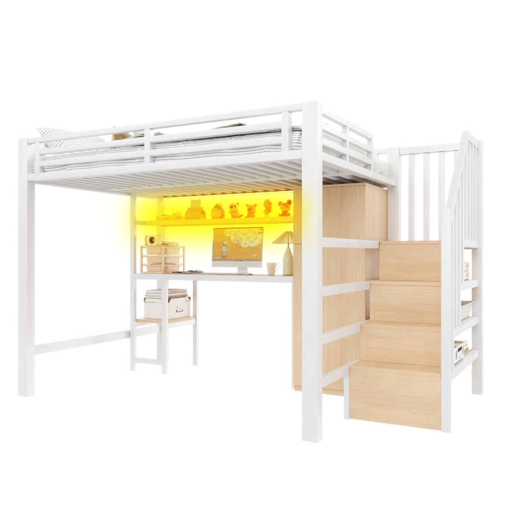 Letto a soppalco 140 × 200 cm con scrivania, armadio, scala contenitore e LED, senza materasso, in metallo, bianco