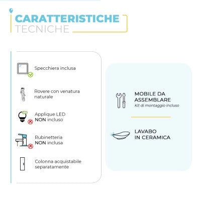 Mobile bagno sospeso 80 cm 2 ante serie Oasi rovere con specchio e lavabo
