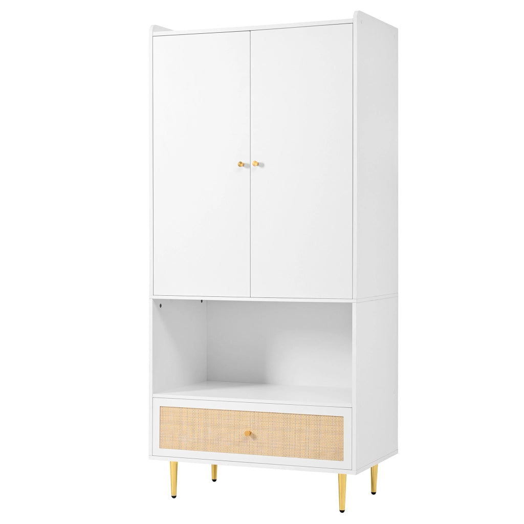 Armadio a 2 ante con cassetto in effetto rattan, barra appendiabiti e ripiano aperto, colore bianco/naturale, 80x48x175 cm