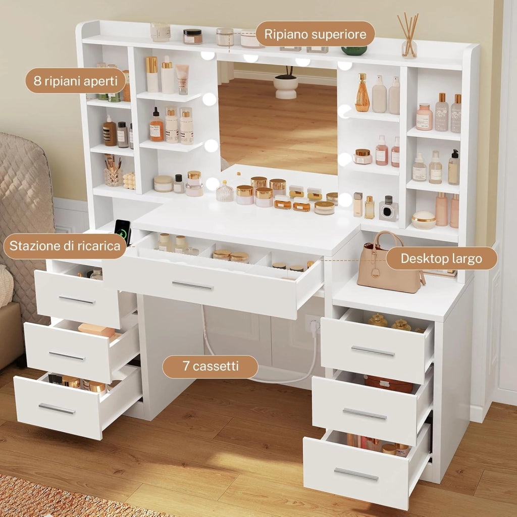 Grande Toeletta, Toeletta da Trucco con Luci LED, 3 Colori Luminosità Regolabile, Postazione Trucco con Prese,Bianco, 7 Cassetti, 8 Ripiani Aperti