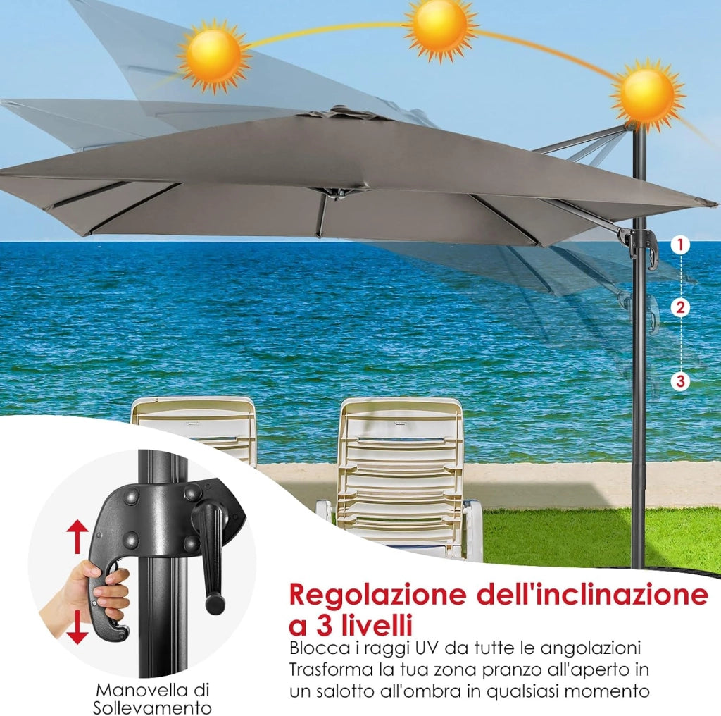 Ombrellone da Giardino 300 x 300cm | 3 Inclinazioni, Rotazione 360°, Manovella, 8 Stecche, Base Incrociata per Esterno (Grigio, 300 x 300 x 273 cm)