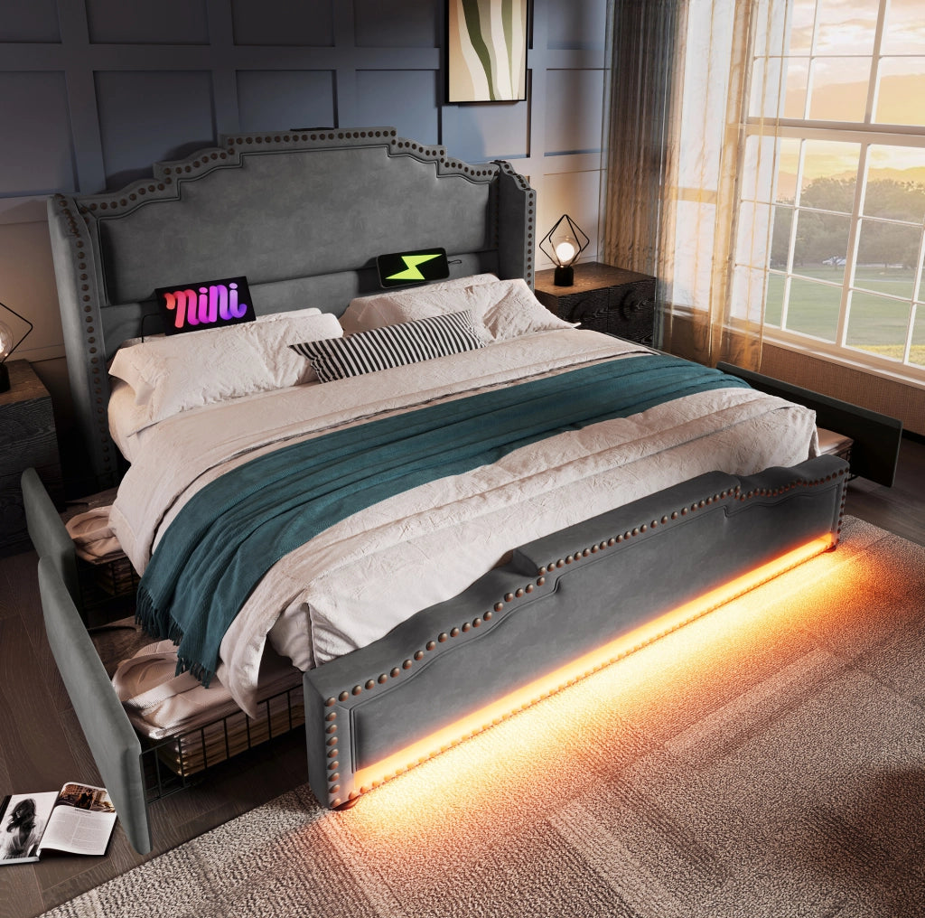 Letto matrimoniale 140x200 cm in velluto grigio con 4 cassetti; LED; USB/Type-C e materasso