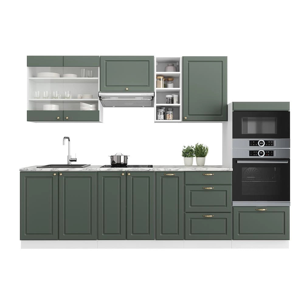 Cucina componibile Fame-Line Verde-oro rustico/Bianco 280 cm senza piano di lavoro Vicco