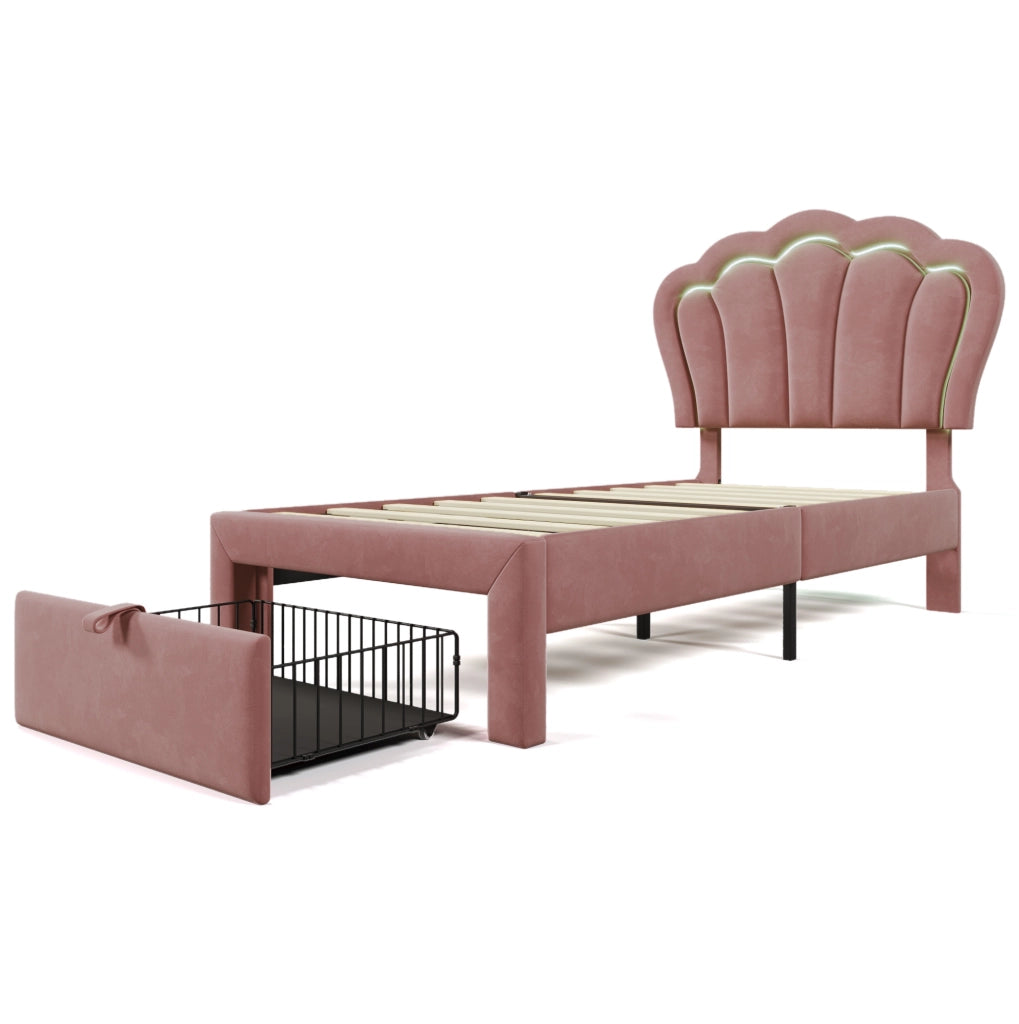 Letto singolo 90x190 cm in velluto rosa con testiera regolabile; LED RGB e cassetto