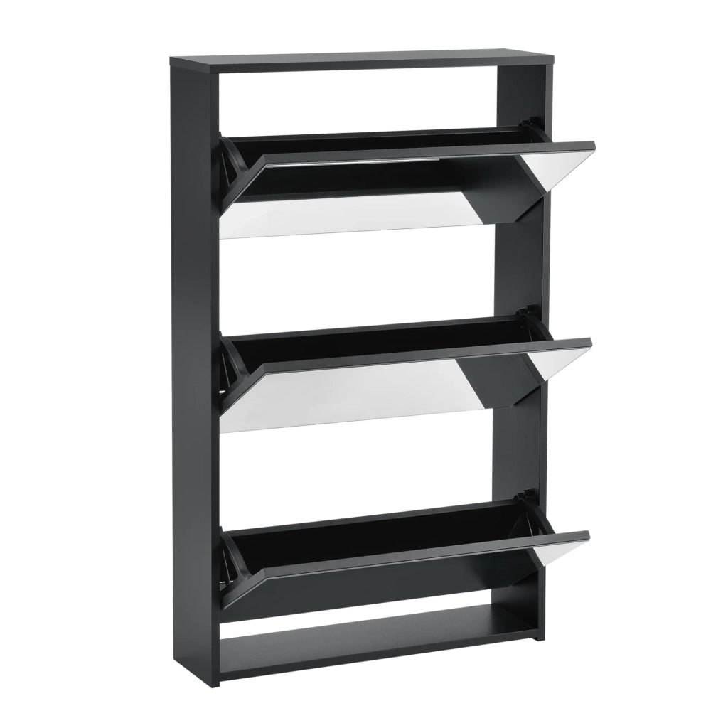 Scarpiera di design mobile contenitore con 3 scomparti capienza 9 paia di scarpe frontale a specchio pannello di particelle rivestito in melamina 102,5 x 63 x 17 cm nero 03_0005166