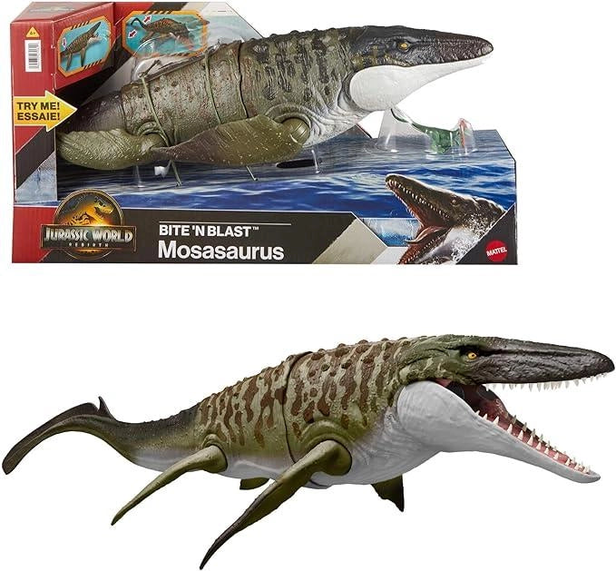 Jurassic World La Rinascita Mosasauro Morso Letale, action figure e mini dilofosauro, dinosauro con enormi fauci, snodat