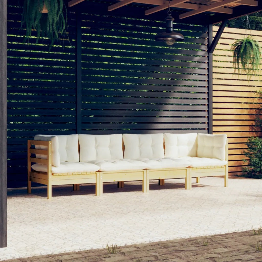 Set Divani da Giardino 4 pz | Set Salotto da Giardino con Cuscini Crema in Massello di Pino