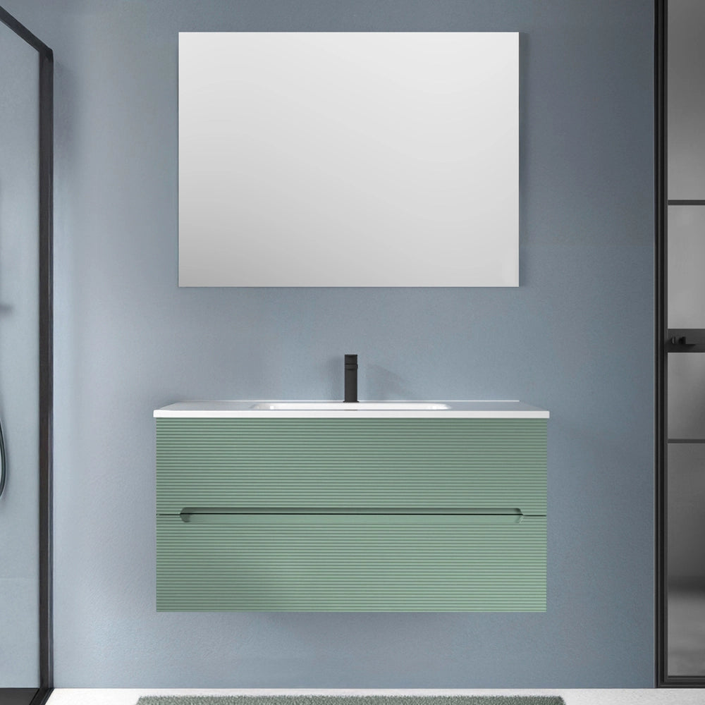 Mobile bagno sospeso 100 verde cannettato 2 cassetti lavabo e specchio Rigo
