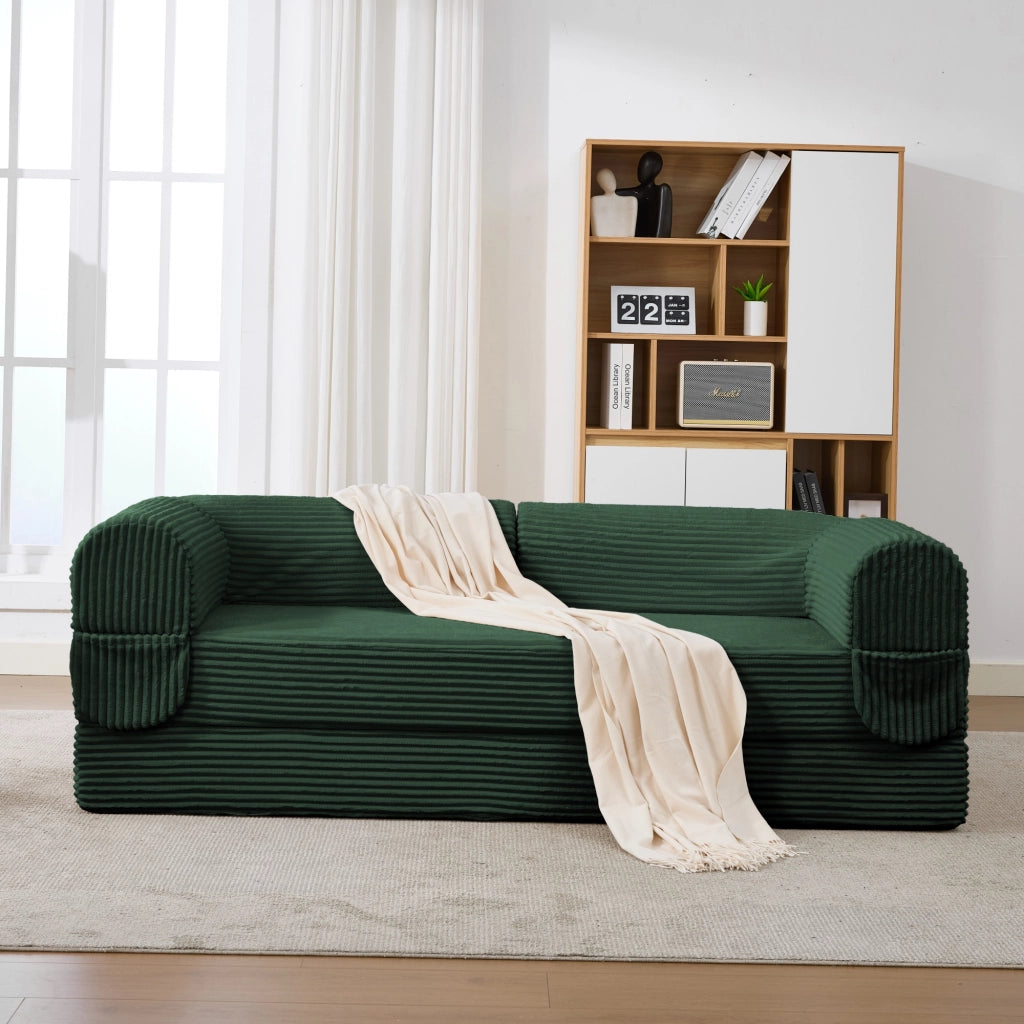 Divano letto convertibile 2 posti in tessuto corduroy con seduta imbottita e braccioli, design salvaspazio verde