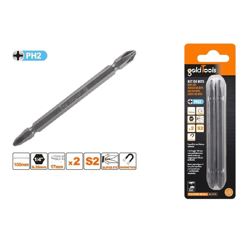 Trade Shop - Kit 2 Pezzi Di Bits Da 100mm A Doppia Testa S2 Punte A Croce Magnetica Ph2 57241 -