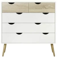Cassettiera 5 Cassetti Design Scandinavo Mobiletto per Riporre Camera Pannelli di Particelle, 99 x 39 x 101 cm, Bianco Effetto Rovere Chiaro