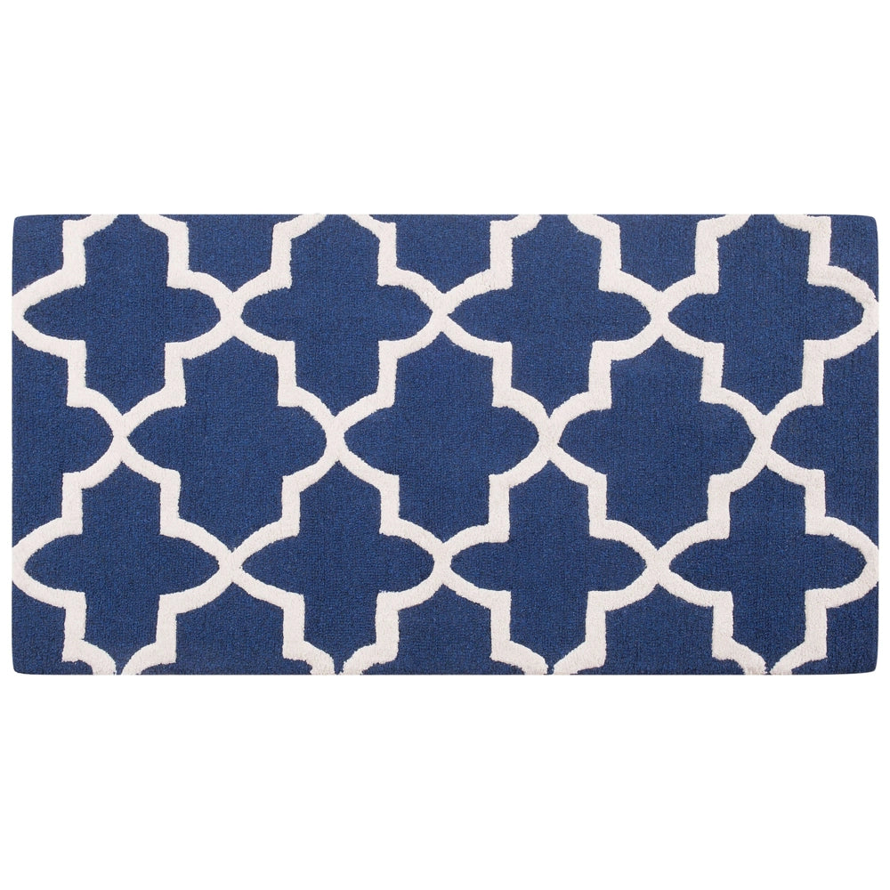 Tappeto tappetino Lana Blu 80 x 150 cm Traliccio Motivo Quadrifoglio Trapuntato a Mano Orientale Trifoglio Marocchino