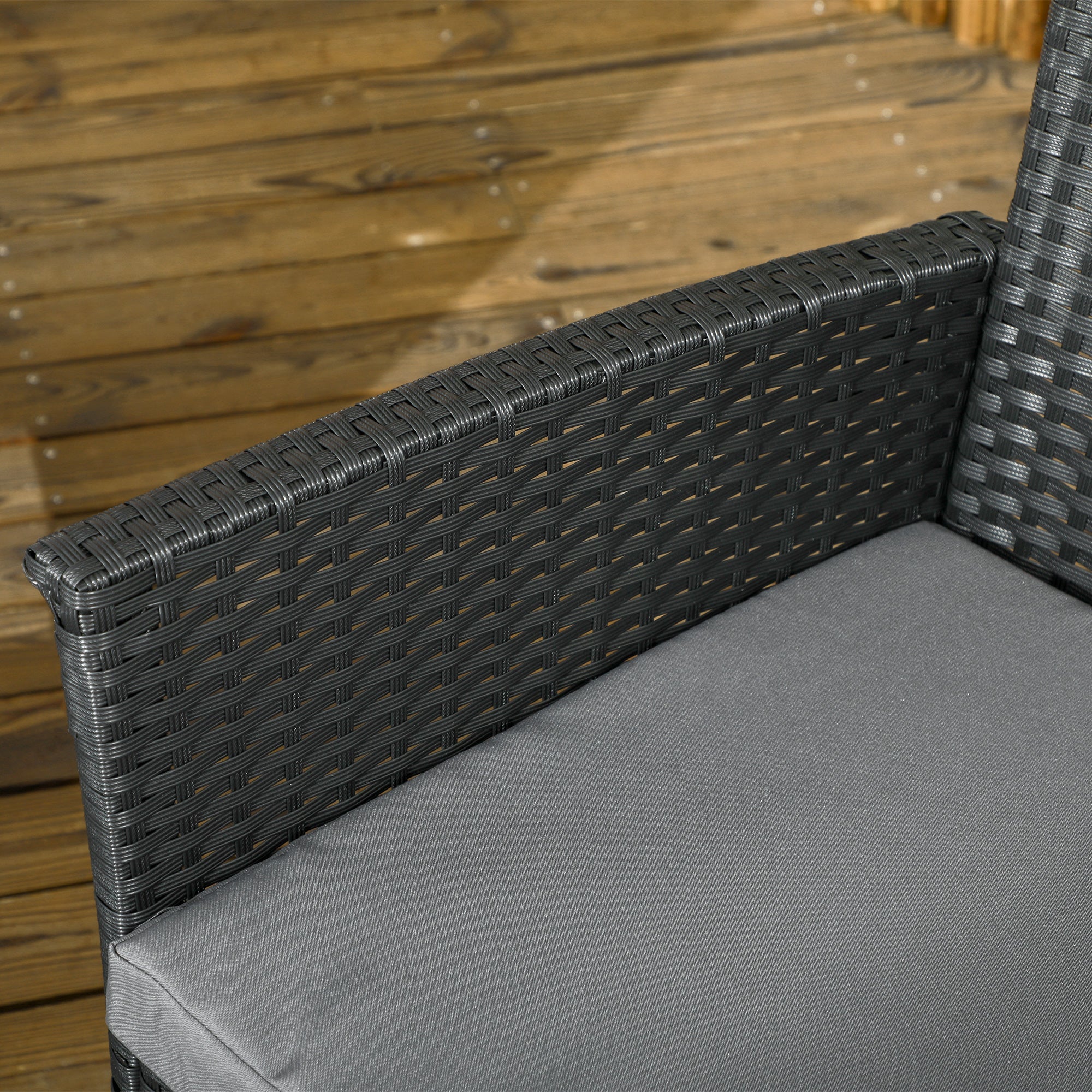 Set Salotto da Giardino Divano 2 Poltrone con Cuscini e Tavolino in Vetro in Rattan PE Nero e Grigio