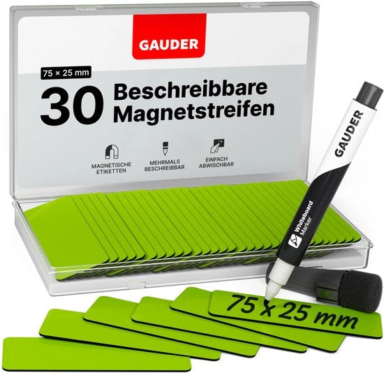 Etichette magnetiche descrittori - piastie magnetiche riutilizzabili per lavagne bianche, lavagne scolastiche, lavagne Kanban e frigoriferi - schede magnetiche con pennarelli (30 pezzi - 75 x 25 mm)