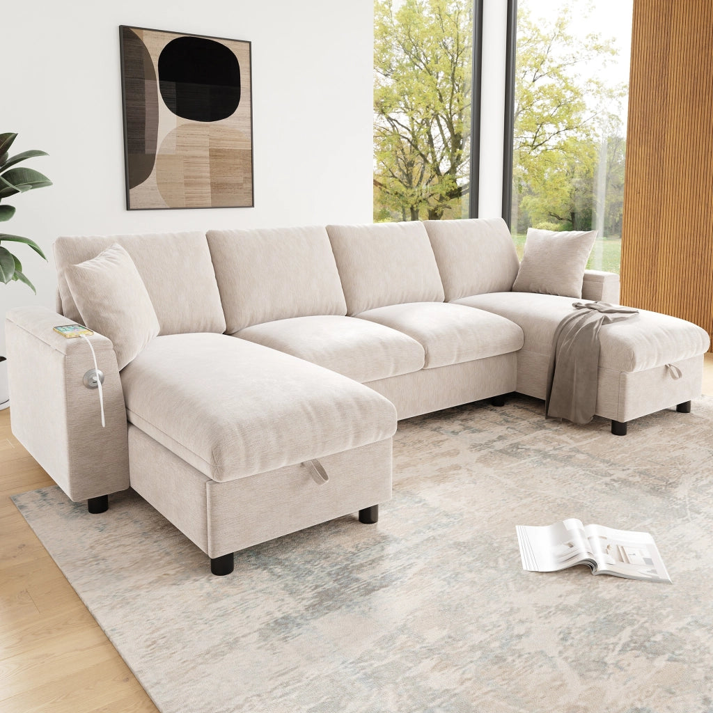 Divano a U, tessuto chenille, chaise longue, con vano portaoggetti, porte USB/Type-C, 284 x 135 x 84 cm, beige