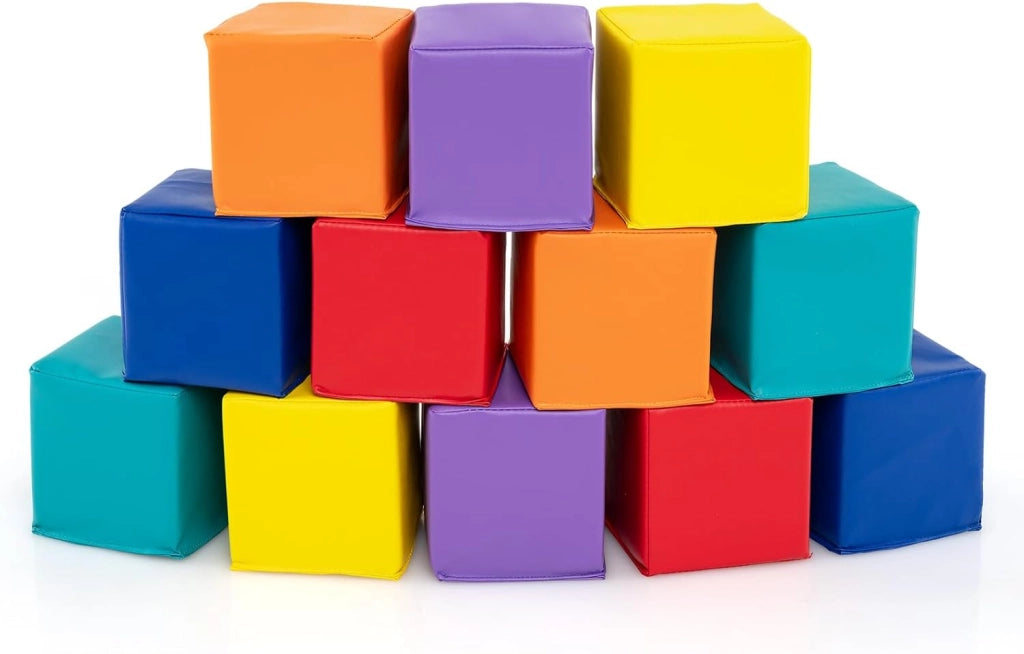 Set di 12 Blocchi da Costruzione in Schiuma EPE, Cubi Colorati 14 x 14 cm con Copertura in Finta Pelle Impermeabile, Blocchi Morbidi per Bambini per Impilare e Arrampicarsi (Rosa e Nero)