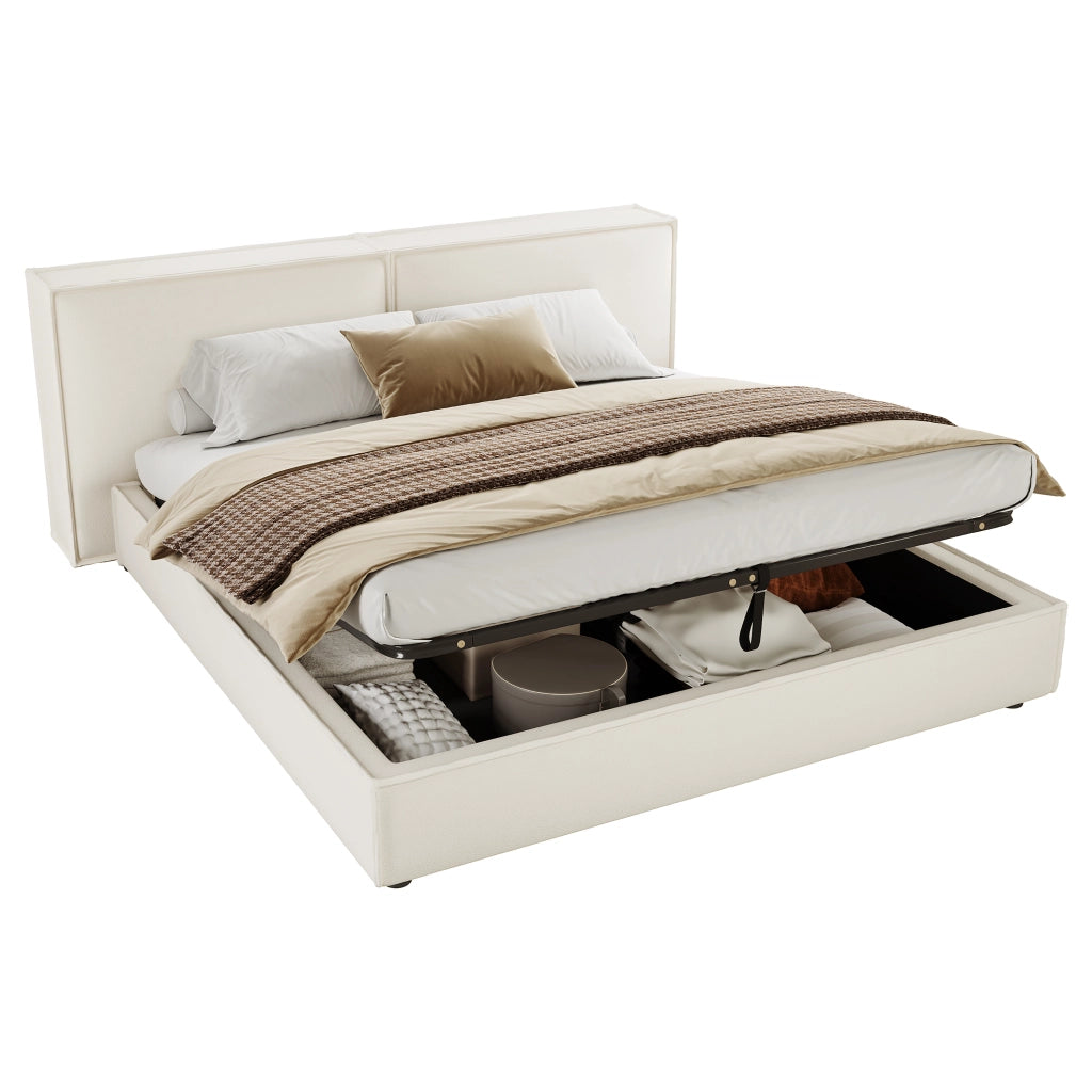 Letto matrimoniale 180x200 cm in Bouclé bianco con contenitore idraulico, rete a doghe e testiera imbottita