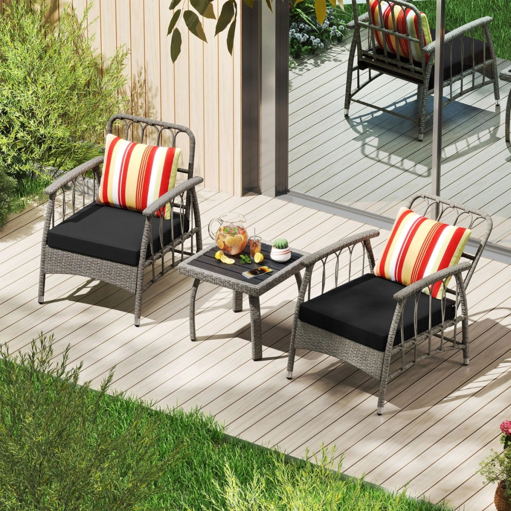 Set da giardino 3 pezzi in rattan PE con schienale regolabile a 5 livelli-Set da conversazione per esterno con cuscini e tavolino da caff¨¨ Grigio