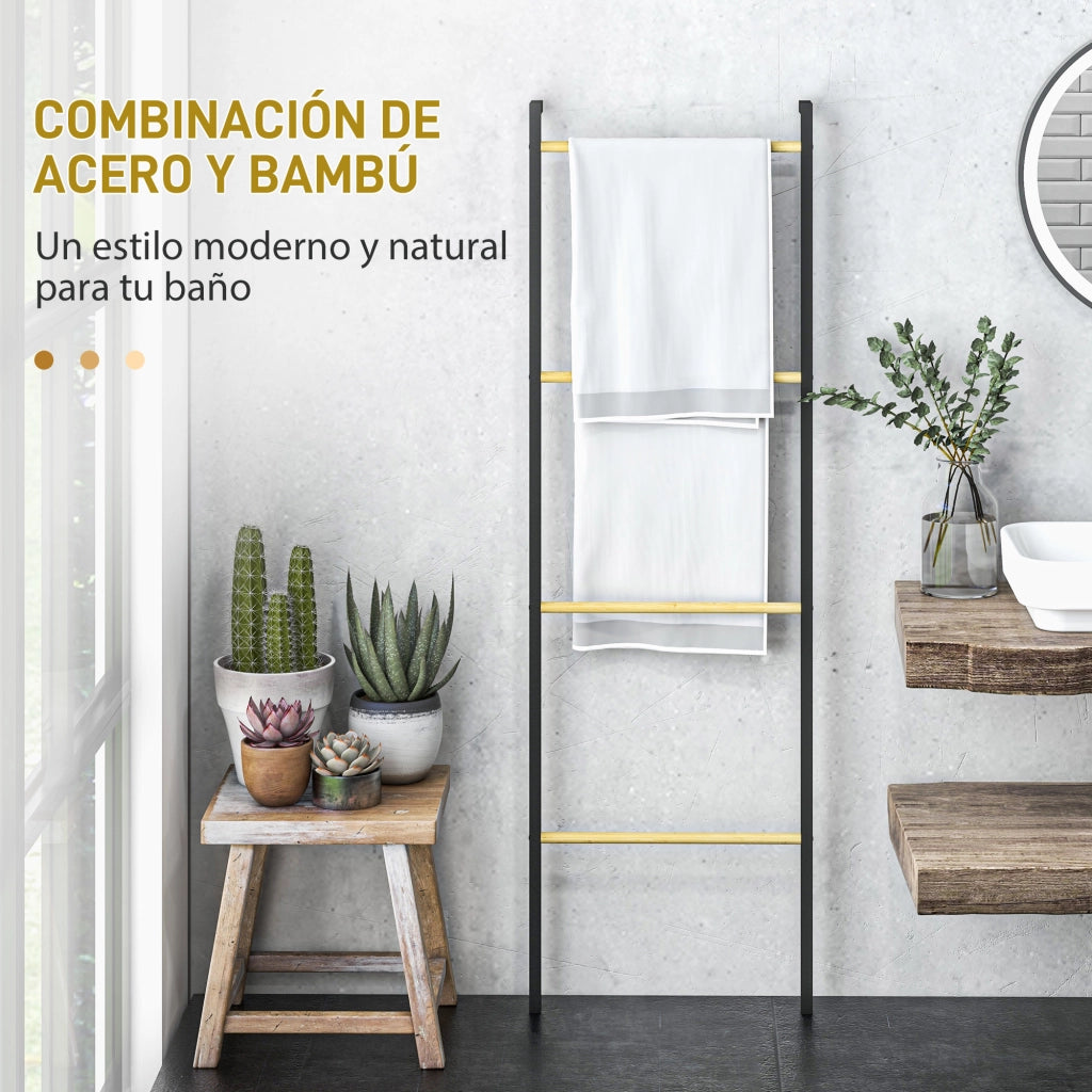 Porta Asciugamani da Bagno a Parete con 4 Barre di Bamb¨´ e Telaio in Acciaio ¨C Minimal ¨C 49x5,5x167,5 cm Nero e Naturale