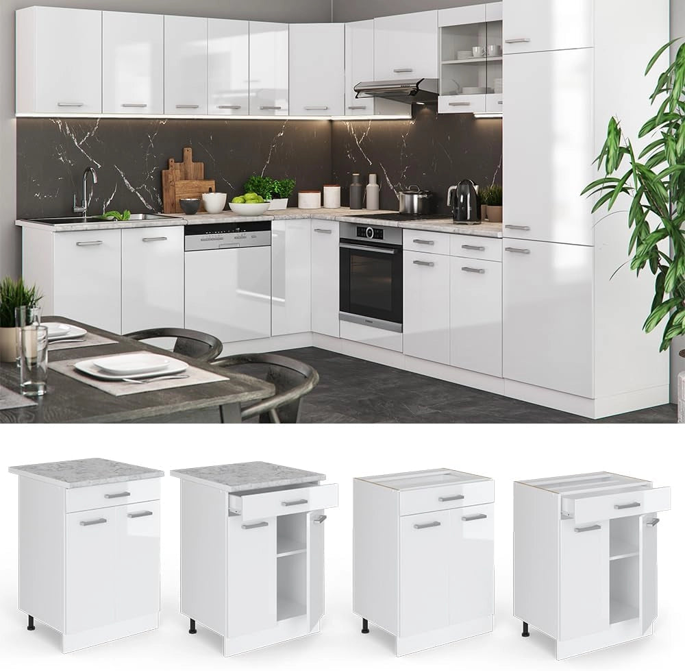 Mobiletto base per cucina R-Line, Bianco lucido, 60 cm con cassetto PL Marmo, per la libera combinazione all'interno di sistemi cucina modulari