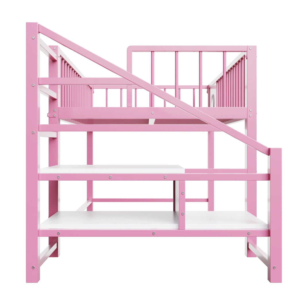 Letto a soppalco basso per bambini e adolescenti 90 × 200 cm con scala contenitore, senza materasso, in metallo, rosa