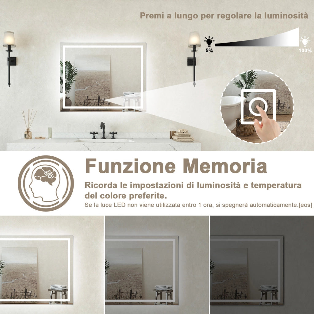 Specchio bagno Rettangolare 100x70cm Retroilluminato Con Led, Antiappannamento + 3 Luci