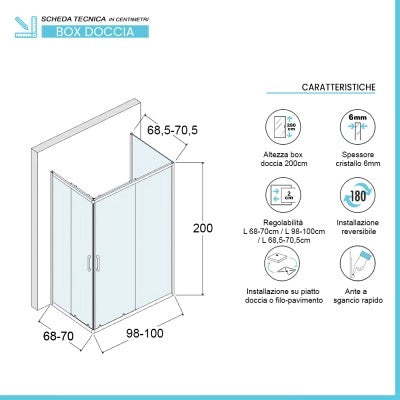 Box doccia 70x100x70 cm con doppio scorrevole trasparente H 200 cm Ted