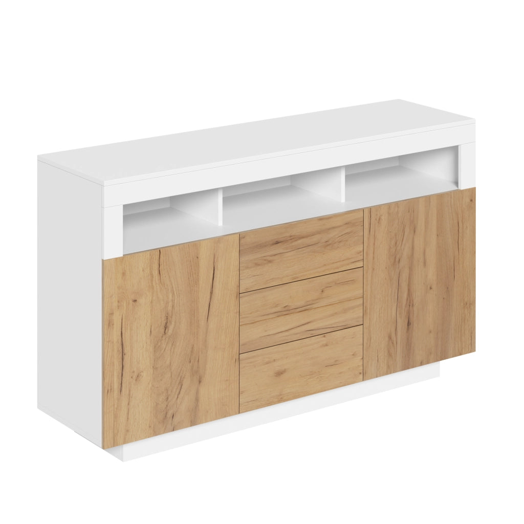 Credenza moderna con 3 cassetti, 2 ante e 3 ripiani aperti, colore bianco e naturale, 140 ¡Á 40 ¡Á 85 cm