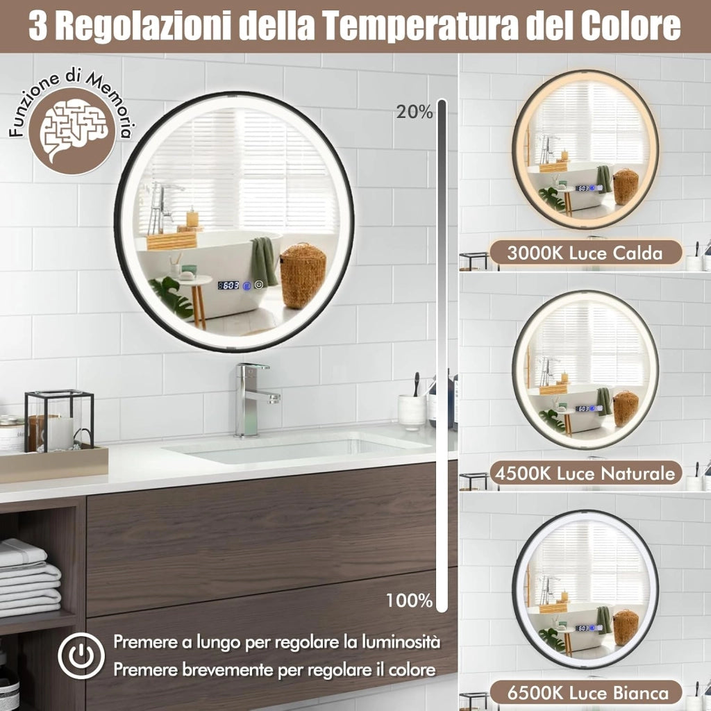 Specchio da Bagno a LED 60x60cm Rotondo, Specchio a Parete con Luce a 3 Colori, 3000-6500K, Dimmerabile, Funzione Anti-appannamento e Memoria, Lettura di Tempo e Temperatura e Antideflagrante