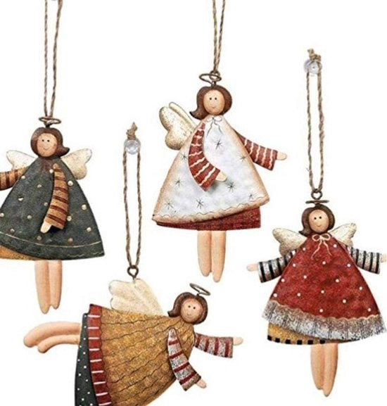 Angelo Metallico Decorativo a forma di Fiocco di Neve con Hanger per Natale - Set da 4 - 10 x 10 x 10 cm