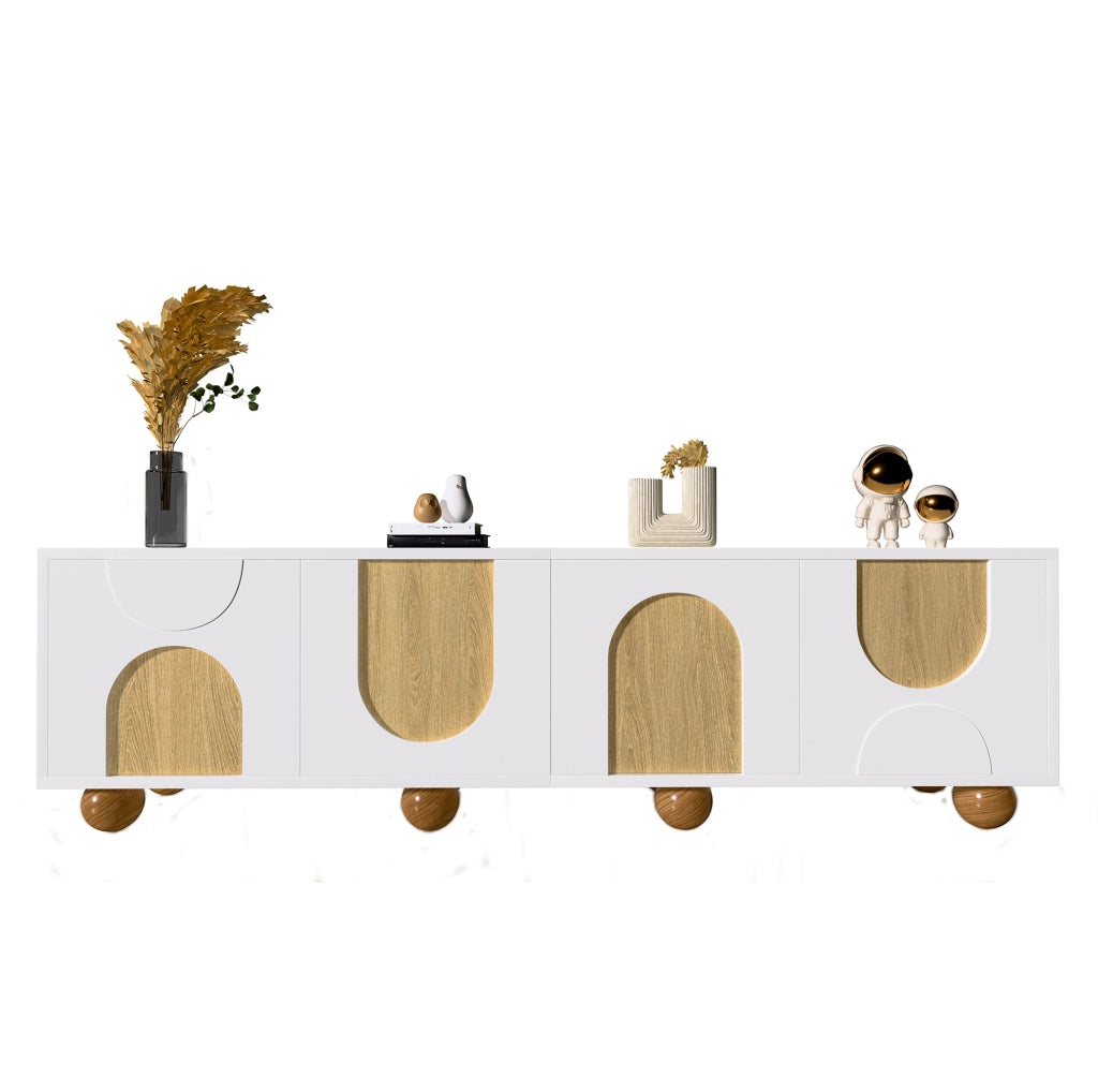 Mobile TV 175x38x50 cm con quattro vani; gambe rotonde in legno; MDF; naturale e bianco