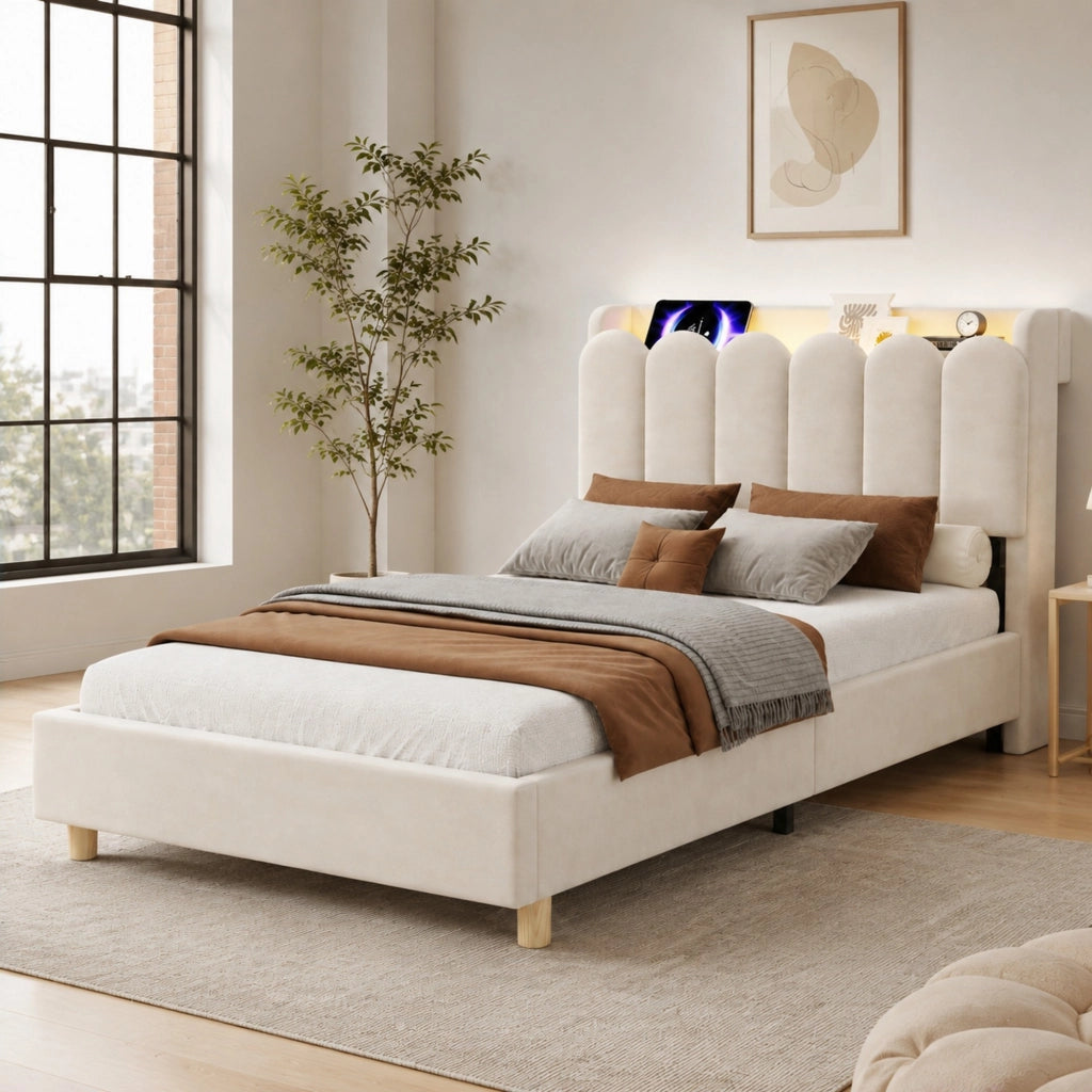 Letto singolo per bambini 90x200 cm con testiera USB-C e luce; velluto beige