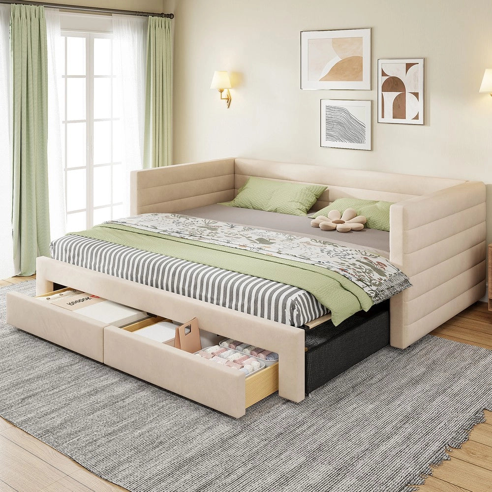 Letto Imbottito Estraibile 3 in 1 con Cassetti e Rete a Doghe ¨C Xylo ¨C Beige, 90x190, Cotone e Lino