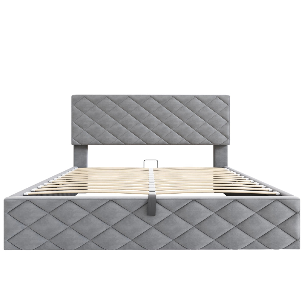 Letto 140x200 cm con alzata idraulica; rete a doghe e contenitore in velluto grigio