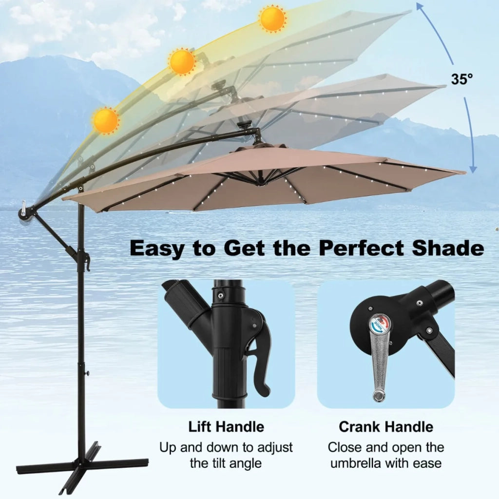 3m Solar Patio Offset Umbrella Adjustable with 40 LED and Cross Base Stand-Brown