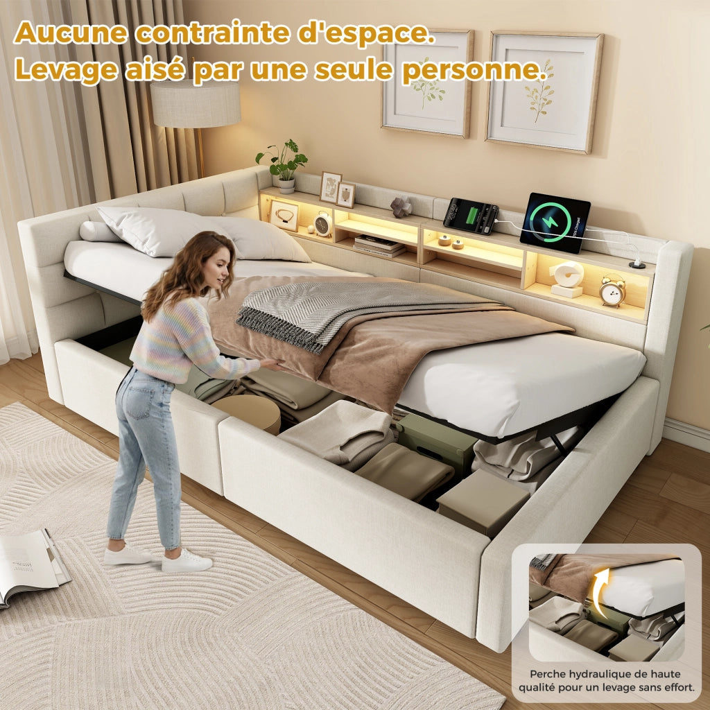 Letto contenitore 90x200 cm con LED dimmerabile; testiera con ripiano e prese USB; rivestimento in lino; beige