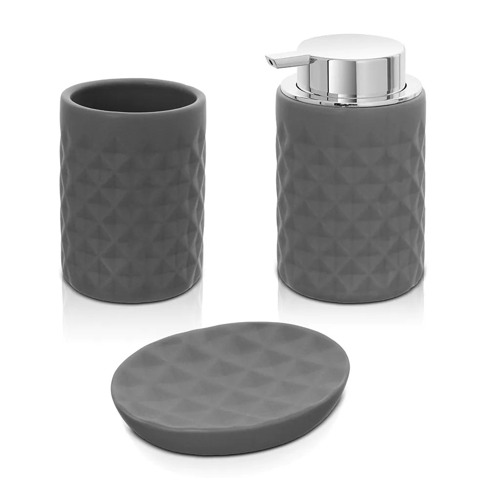 Accessori bagno da appoggio in set 3 pezzi ceramica colore grigio Cristal