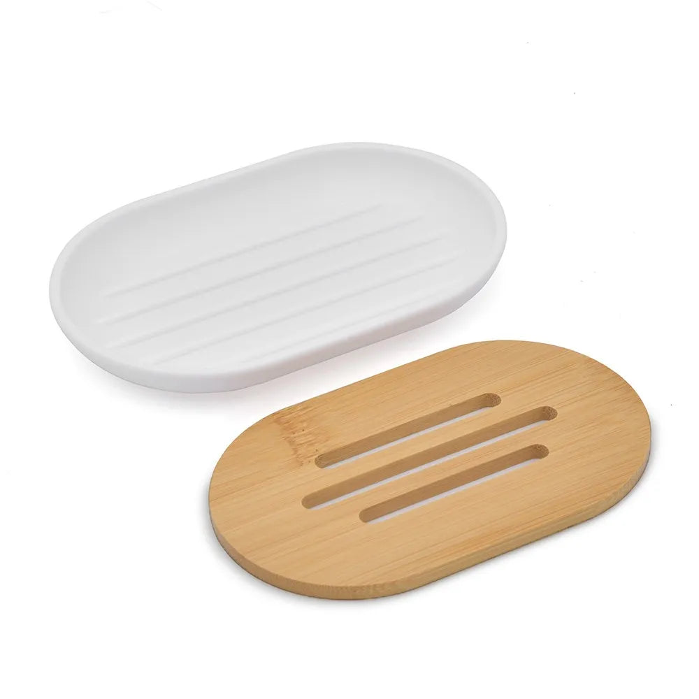 Accessori bagno da appoggio in set 3 pezzi in abs bianco e bambù Surf