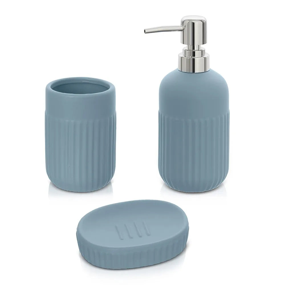Accessori bagno da appoggio in set 3 pezzi in ceramica colore turchese cobalto Cup