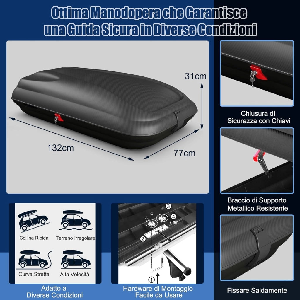 Box da Tetto per Auto XL, Baule Tetto Universale Rigido Impermeabile Super Resistente in Fibra Carbonio e Metallo, Portapacchi per Auto con Chiavi, Capacità 50 kg (132 x 77 x 31 cm)