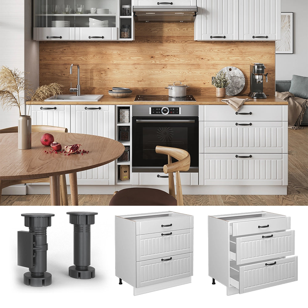 Mobiletto base per cucina Fame-Line Bianco rustico/Bianco 80 cm con 3 cassetti, PL Rovere Vicco