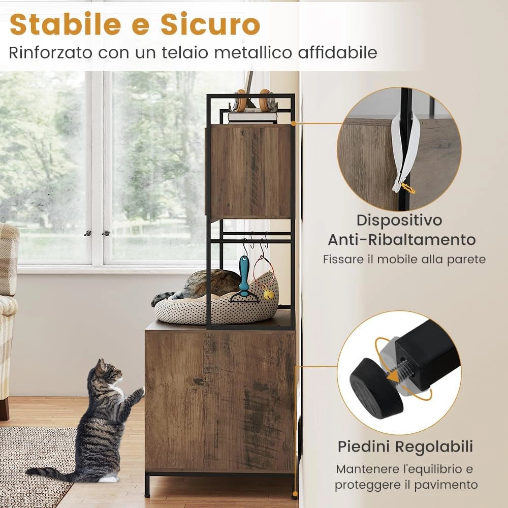 Mobile Lettiera per Gatti con Ripiani Portaoggetti, Armadietto per Gatti con Ganci, Struttura in Metallo e Tavola da Graffiare, Mobiletto per Gattini in Legno Moderna per Interni
