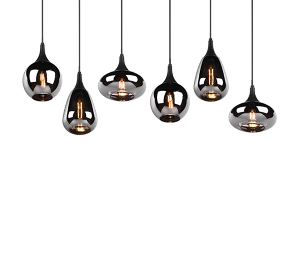 Lampada a sospensione 6 diffusori, metallo, nero e fumé, L 85 cm, Lumina