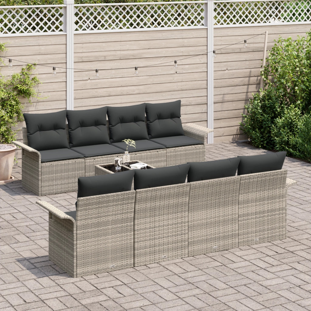 Set divano giardino  9 pezzi con cuscini grigio chiaro polirattan