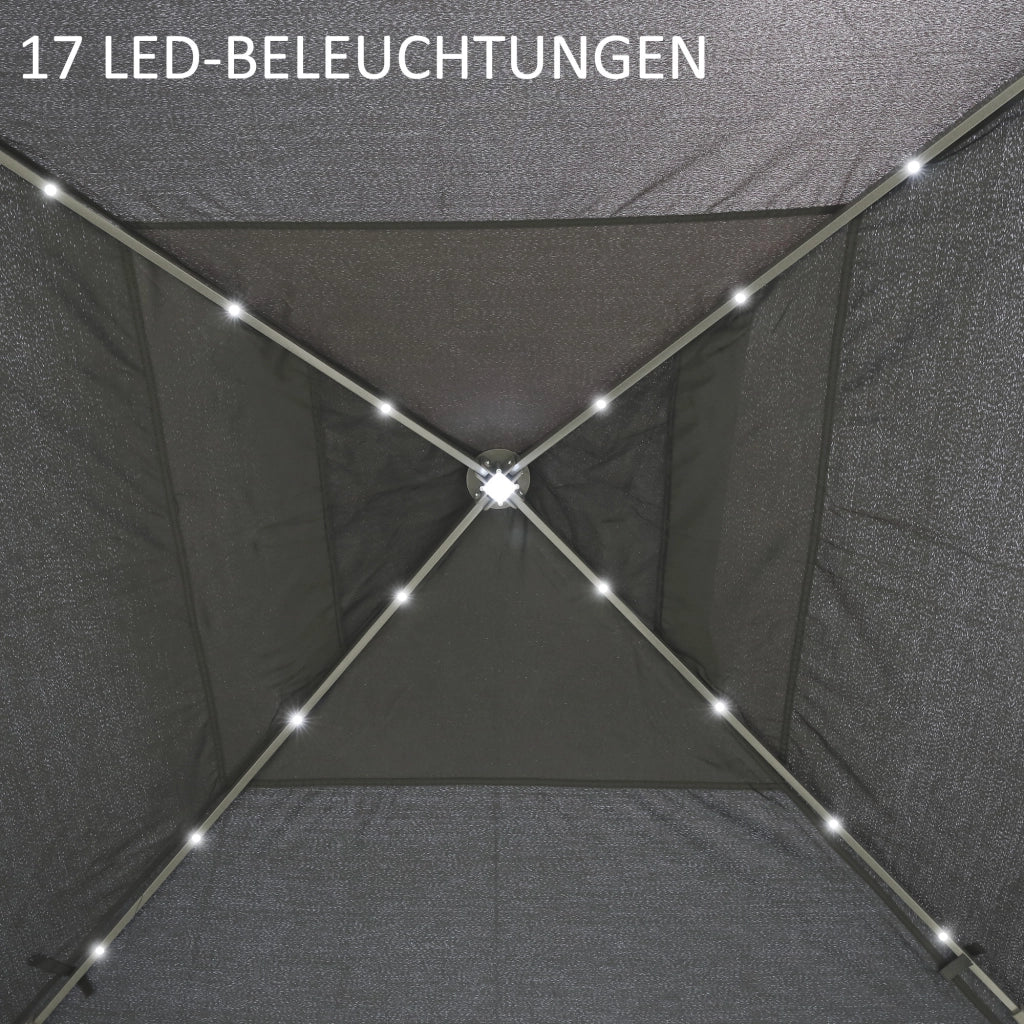 Gazebo 3;3 x 3;3 m con illuminazione LED; tende a rete; borsa da trasporto; grigio