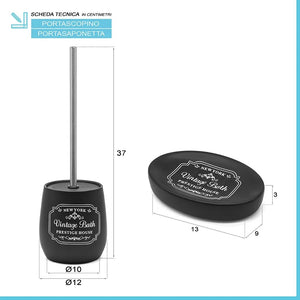 Set bagno completo con 4 pezzi in ceramica nera con stampe bianche vintage