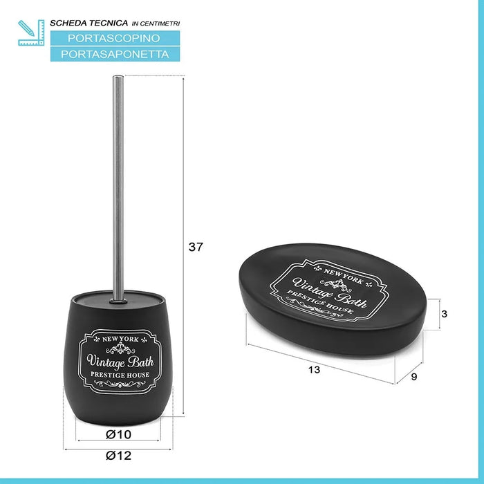 Set bagno completo con 4 pezzi in ceramica nera con stampe bianche vintage