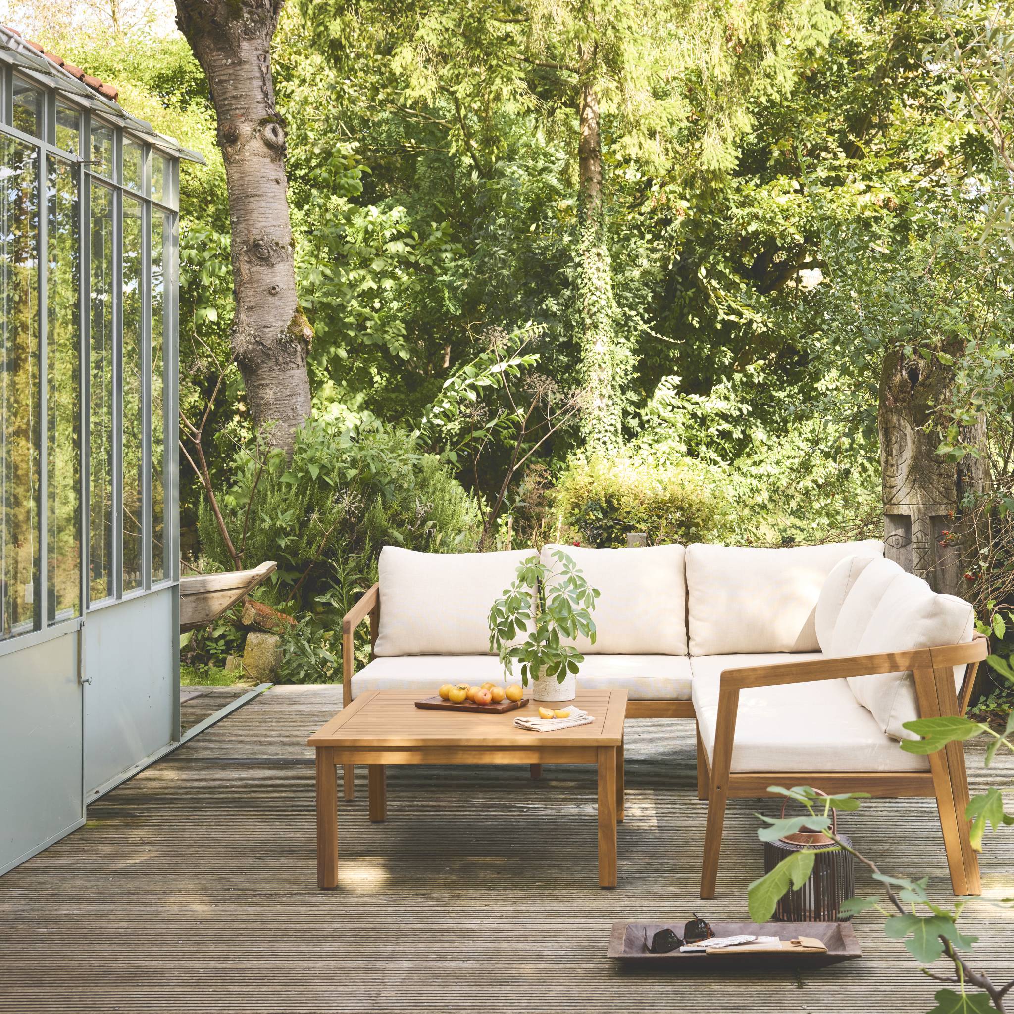 Salotto da giardino angolare in acacia 5 posti, beige