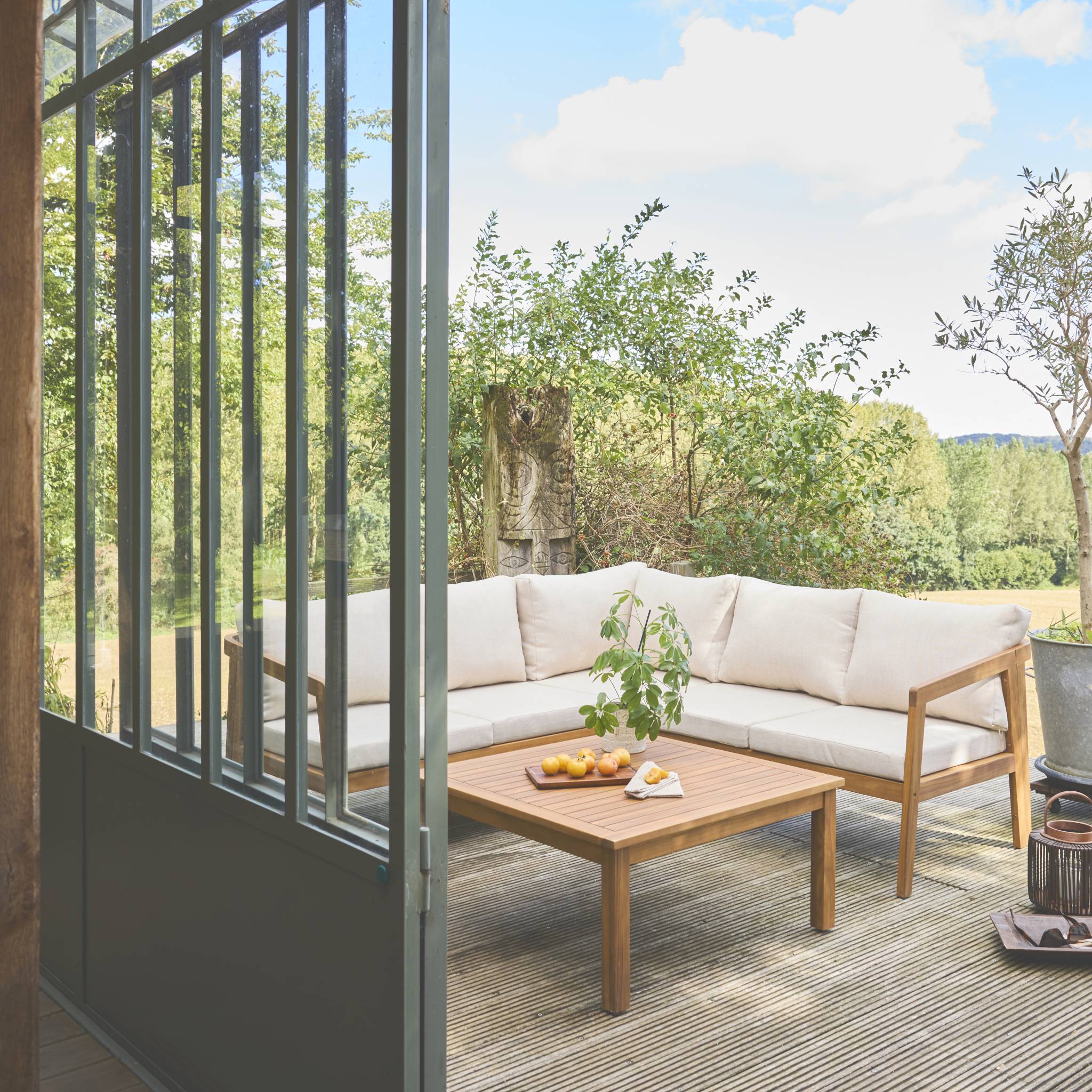 Salotto da giardino angolare in acacia 5 posti, beige